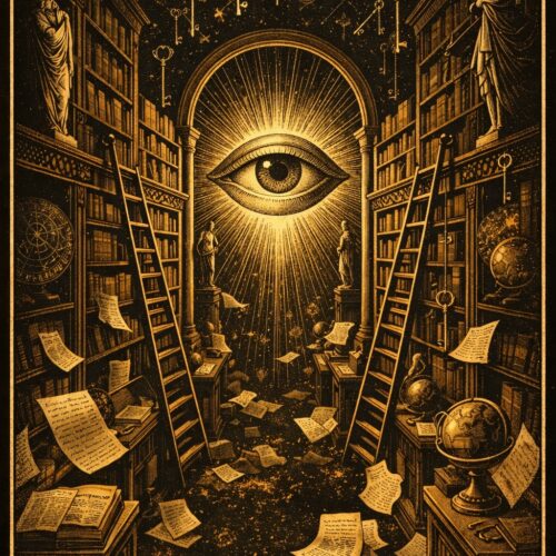 A noir style wall art print featuring a mystical library with a glowing eye of providence, floating papers, and keys in gold on black.