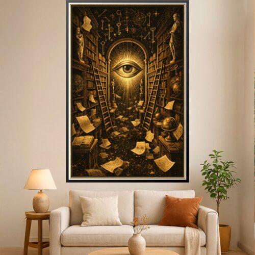 A noir style wall art print featuring a mystical library with a glowing eye of providence, floating papers, and keys in gold on black.