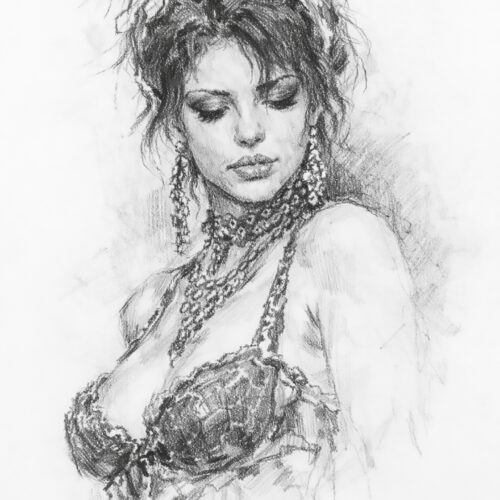 A detailed charcoal sketch of a beautiful woman with jewelry and intricate hair, drawn in an elegant artistic style.