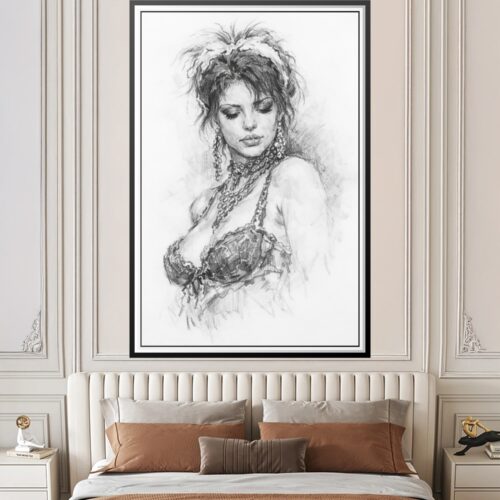 A detailed charcoal sketch of a beautiful woman with jewelry and intricate hair, drawn in an elegant artistic style.