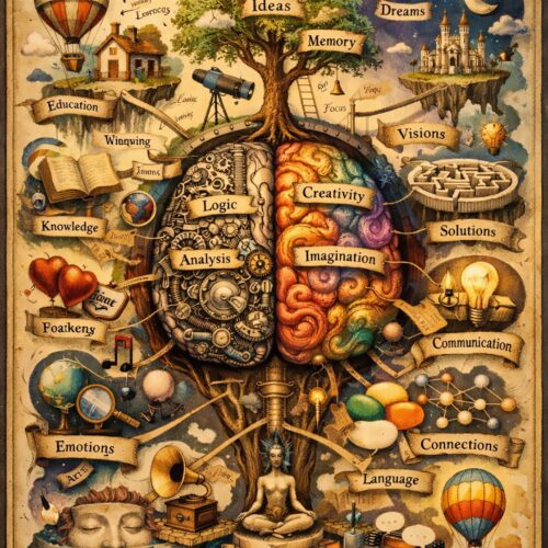 A vintage-style educational poster illustrating the human brain with conceptual icons representing logic and creativity.