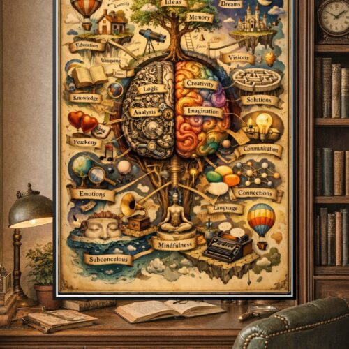 A vintage-style educational poster illustrating the human brain with conceptual icons representing logic and creativity.