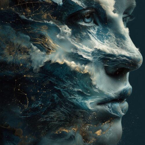 Surrealist wall art poster featuring a feminine profile merging with ocean waves and golden constellation lines.