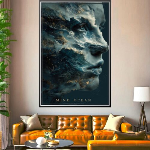 Surrealist wall art poster featuring a feminine profile merging with ocean waves and golden constellation lines.