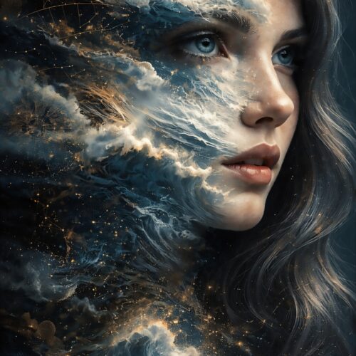 Surreal poster of a young woman blended with ocean waves, clouds, and cosmic starlight in deep blue and gold tones.