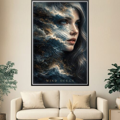 Surreal poster of a young woman blended with ocean waves, clouds, and cosmic starlight in deep blue and gold tones.