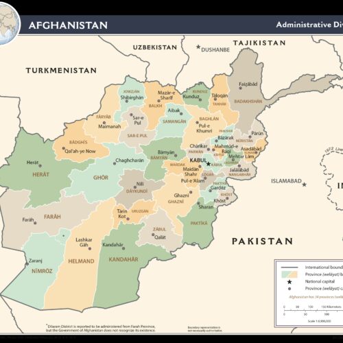Detailed administrative map of Afghanistan showing 34 provinces in soft green, cream, and tan colors with international boundaries, provincial capitals, and major cities labeled.