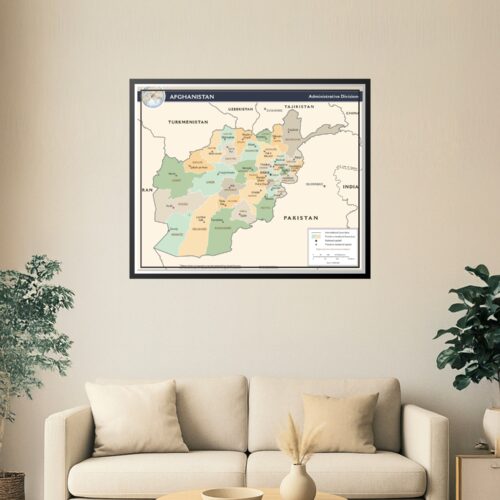 Detailed administrative map of Afghanistan showing 34 provinces in soft green, cream, and tan colors with international boundaries, provincial capitals, and major cities labeled.