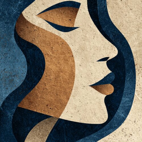 Art deco woman profile portrait with geometric shapes in teal, bronze, and cream featuring flowing curves and textured background.
