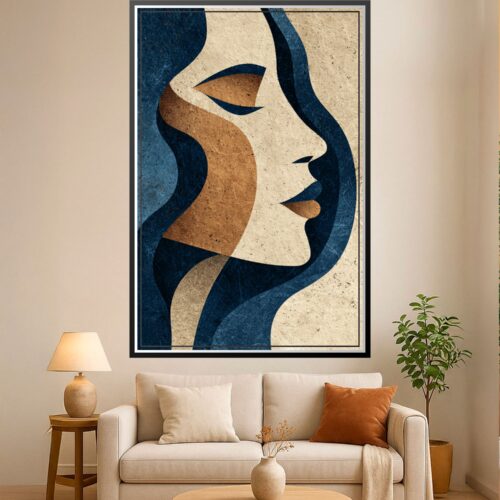 Art deco woman profile portrait with geometric shapes in teal, bronze, and cream featuring flowing curves and textured background.