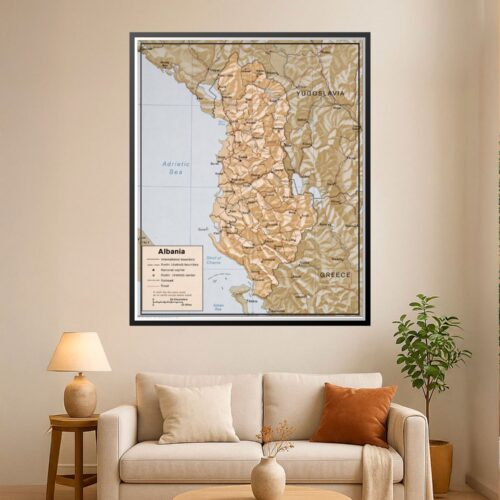Vintage cartographic map of Albania showing regional boundaries, cities, and surrounding seas in warm ochre and cream tones with precise line work.
