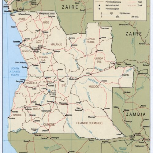 Vintage-style map of Angola showing provinces, international boundaries, railroads, roads, and neighboring countries including Zaire, Zambia, Namibia, and Botswana with warm cream and sage green color palette.