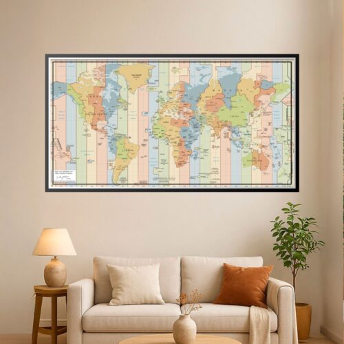 Detailed world time zones map showing UTC offsets across continents with warm and cool color zones, countries labeled, and geographic borders clearly defined.