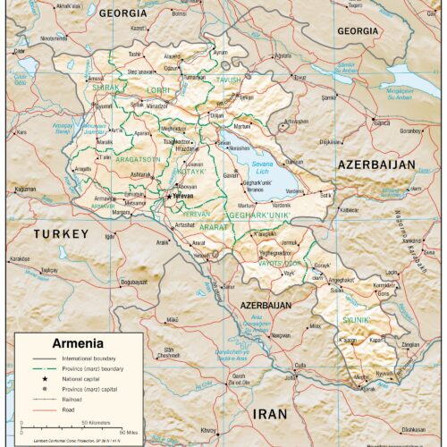 Detailed political map of Armenia showing provinces, cities, international boundaries, rivers, and neighboring countries Georgia, Azerbaijan, Turkey, and Iran.