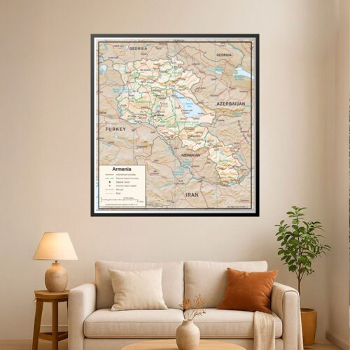 Detailed political map of Armenia showing provinces, cities, international boundaries, rivers, and neighboring countries Georgia, Azerbaijan, Turkey, and Iran.