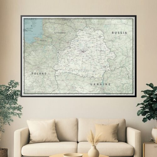 Detailed political map of Belarus showing administrative regions, major cities including Minsk, roads, railways, and surrounding countries Lithuania, Latvia, Russia, Poland, and Ukraine.