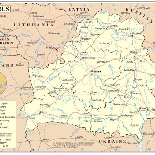 Political map of Belarus poster showing cities, regions, international borders with Lithuania, Latvia, Russia, Poland, and Ukraine, major rivers, and geographic details in cream, blue, and black.
