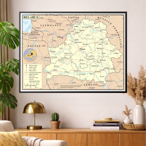 Political map of Belarus poster showing cities, regions, international borders with Lithuania, Latvia, Russia, Poland, and Ukraine, major rivers, and geographic details in cream, blue, and black.