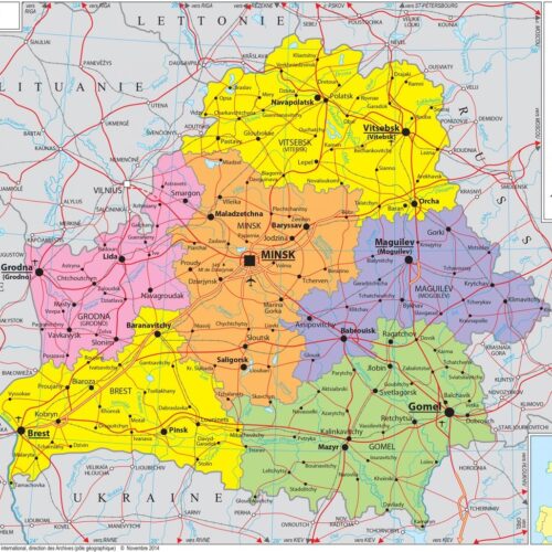 Political map of Belarus with color-coded regions, major cities labeled including Minsk, Vitebsk, Brest, and road networks shown in red lines.