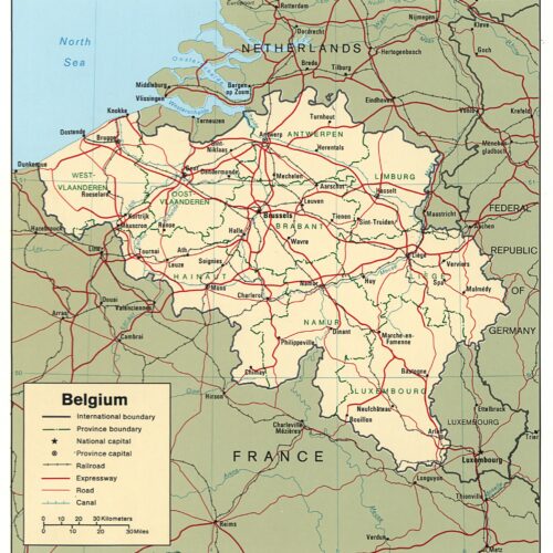 Political map of Belgium showing provinces, major cities, railways, expressways, and roads with geographic boundaries and neighboring countries France, Germany, Luxembourg, and Netherlands.