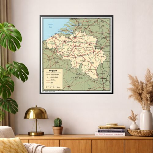 Political map of Belgium showing provinces, major cities, railways, expressways, and roads with geographic boundaries and neighboring countries France, Germany, Luxembourg, and Netherlands.
