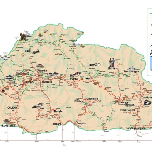 Detailed cartographic map of Bhutan showing roads, district boundaries, trekking routes, major towns, mountain passes, and campsites across the Himalayan kingdom.