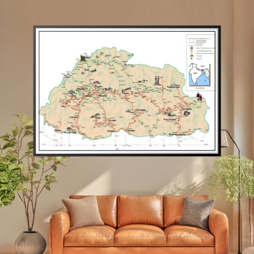 Detailed cartographic map of Bhutan showing roads, district boundaries, trekking routes, major towns, mountain passes, and campsites across the Himalayan kingdom.