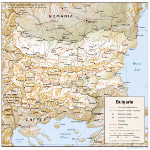 Detailed political map of Bulgaria showing international boundaries, provincial divisions, major cities including Sofia and Bucharest, roads, railroads, and expressways bordering Romania, Serbia, Greece, Turkey and the Black Sea.