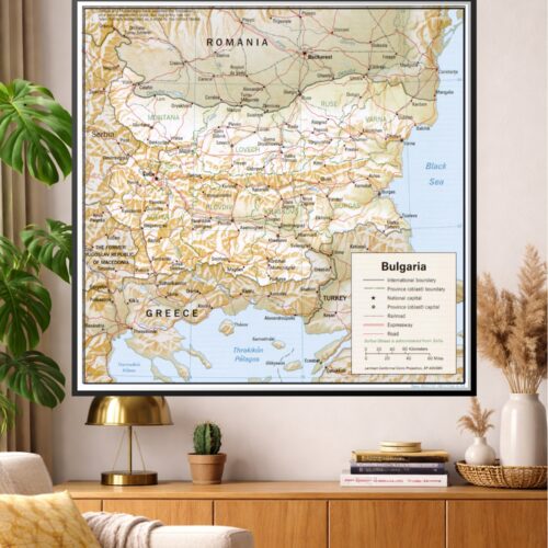 Detailed political map of Bulgaria showing international boundaries, provincial divisions, major cities including Sofia and Bucharest, roads, railroads, and expressways bordering Romania, Serbia, Greece, Turkey and the Black Sea.