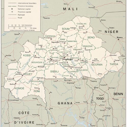 Political map of Burkina Faso showing provincial boundaries, major cities, capital markers, roads, and railways with surrounding countries Mali, Niger, Benin, Togo, Ghana, Côte d'Ivoire.