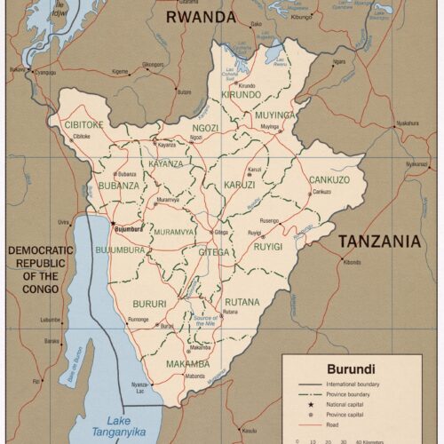 Political map of Burundi showing provinces, cities, international boundaries, Lake Tanganyika, and geographic features with legend and scale.