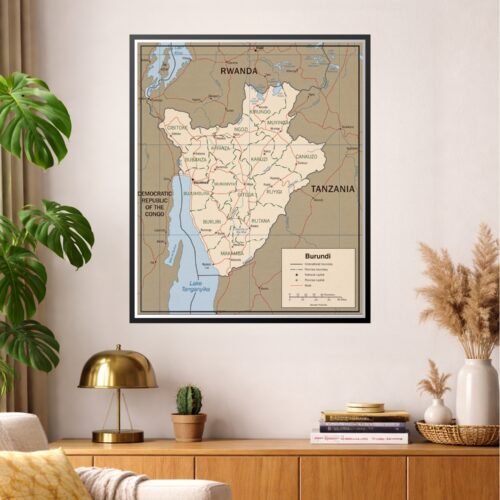 Political map of Burundi showing provinces, cities, international boundaries, Lake Tanganyika, and geographic features with legend and scale.