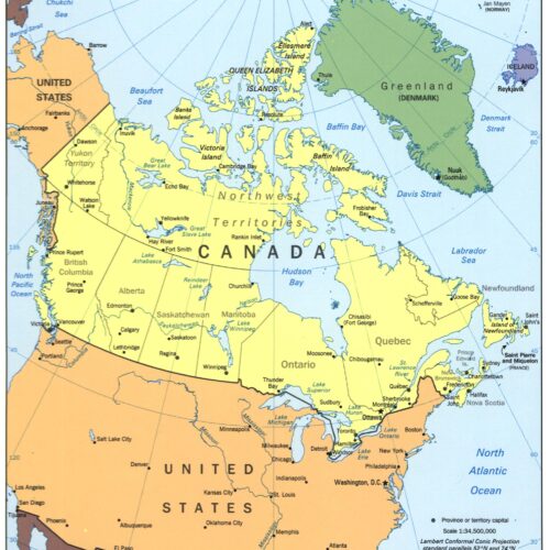 Detailed political map of North America showing Canada, United States, Mexico, and Greenland with color-coded regions, major cities, provincial boundaries, and geographic labels.
