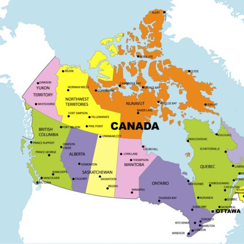 Vibrant political map of Canada showing all 13 provinces and territories in distinct colors with major cities labeled and marked.