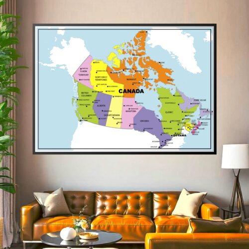 Vibrant political map of Canada showing all 13 provinces and territories in distinct colors with major cities labeled and marked.