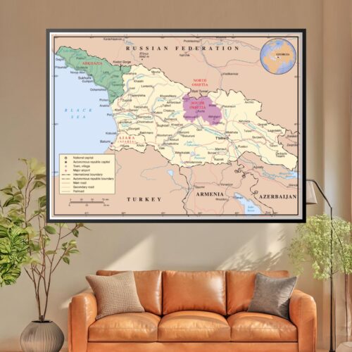 Political map of Georgia showing Abkhazia, South Ossetia, Ajara autonomous regions with neighboring Russia, Turkey, Armenia, and Azerbaijan, featuring cities, roads, and geographic borders.