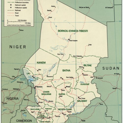 Political map of Chad showing prefectures, regional boundaries, neighboring countries, major cities, and transportation routes with sage green and cream color scheme.