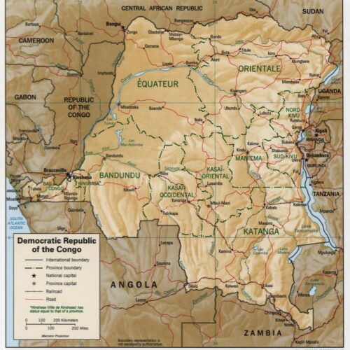 Detailed political map of the Democratic Republic of the Congo showing provinces, international boundaries, major cities, roads, railways, and geographic features with legend and scale.