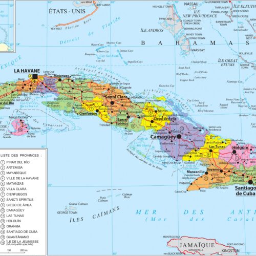 Political map of Cuba displaying 15 provinces with color-coded regions, major cities, provincial capitals, roads, airports, and Caribbean Sea geography with French labels and provincial legend.