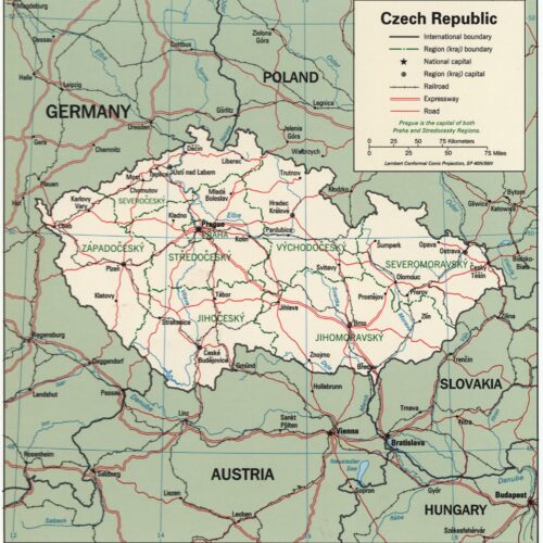 Political map of Czech Republic showing regional boundaries, major cities, railroads, expressways, and roads with neighboring countries Germany, Poland, Slovakia, Austria, and Hungary.