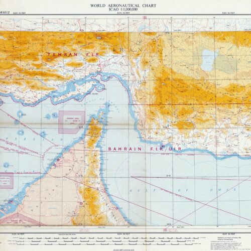 Vintage ICAO World Aeronautical Chart of the Strait of Hormuz showing topographic elevation in golden yellows, ocean depths in blue, and detailed navigation routes with longitude and latitude coordinates.