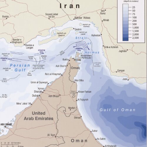 Bathymetry map of Persian Gulf, Strait of Hormuz, and Gulf of Oman showing ocean depth in meters with political boundaries, cities, and shipping lanes marked in tan and blue tones.