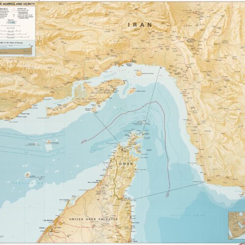 Detailed cartographic map of the Strait of Hormuz and vicinity showing Iran, Oman, and United Arab Emirates with topographic relief, elevation profile, and maritime features.