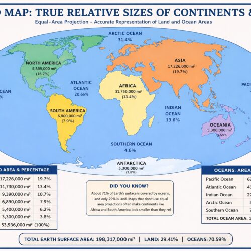 World map with true relative sizes of continents and oceans using equal-area projection, showing accurate percentages and geographic coverage of all landmasses and seas.