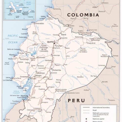 Detailed political map of Ecuador showing cities, regions, borders with Colombia and Peru, river systems, Galápagos Islands inset, and scale reference.