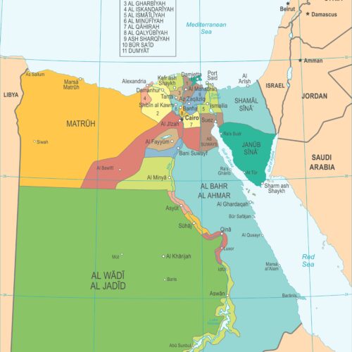 Political map of Egypt showing 11 governorates in different colors with cities, boundaries, the Nile River, Mediterranean Sea, Red Sea, and surrounding countries labeled.