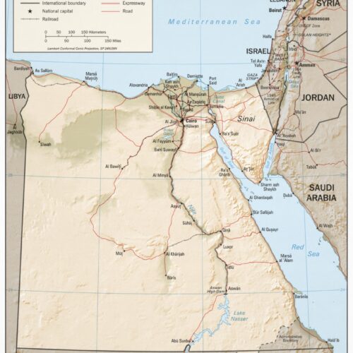 Political map of Egypt showing international boundaries, major cities including Cairo, Alexandria, and Aswan, the Nile River, roads, railroads, and surrounding countries including Libya, Sudan, Israel, Jordan, Saudi Arabia, and Cyprus.