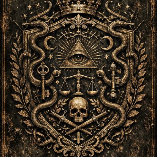 Baroque occult wall art featuring gold filigree crown, all-seeing eye, scales, serpents, and skull on dark weathered background with mystical symbols.