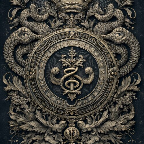 Ornate baroque heraldic crest poster featuring twin dragons with crown and intricate gold linework on distressed dark blue background.