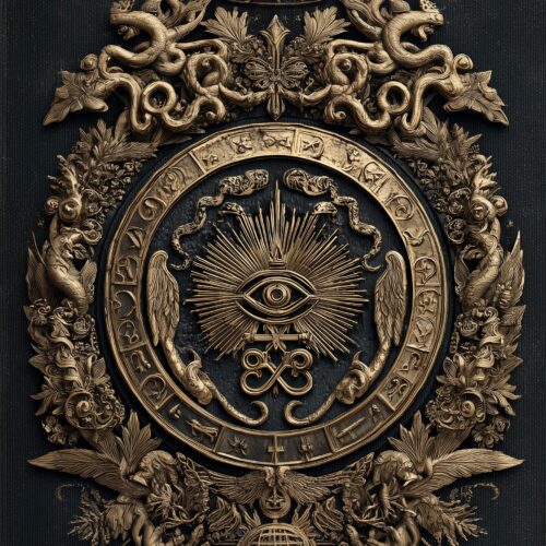 Ornate baroque celestial eye poster with zodiacal glyphs, winged creatures, royal crown, and intricate gold relief details on black background.